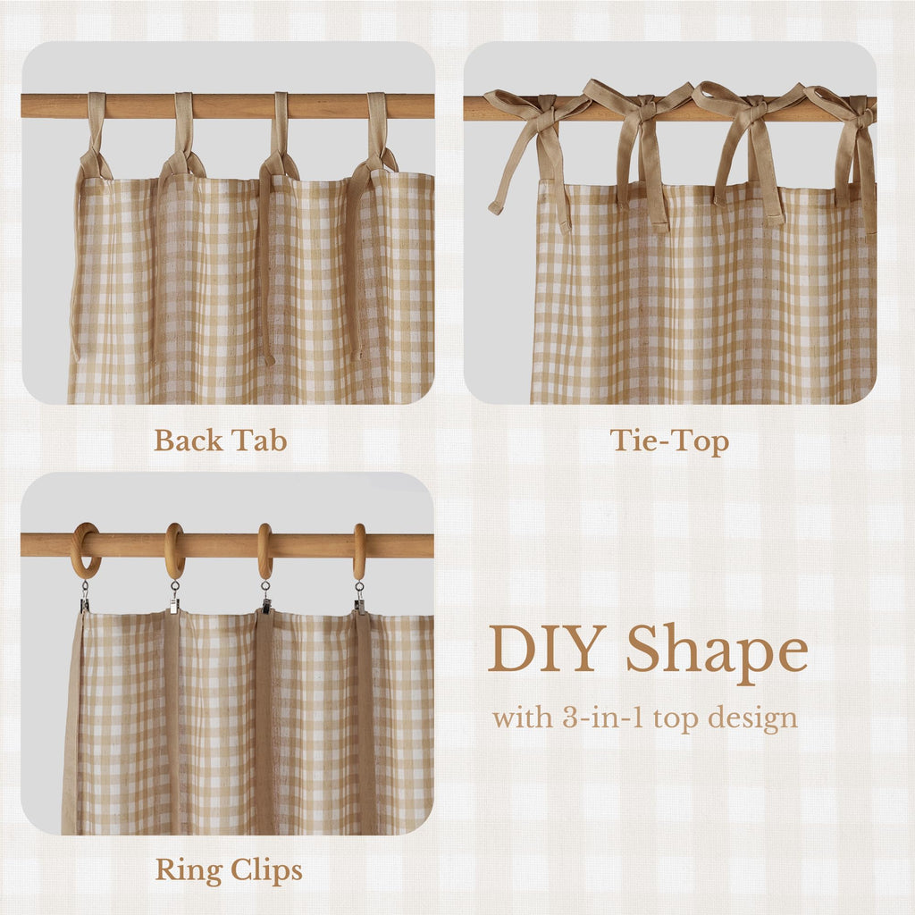 Linen Blend Taupe Gingham Curtains, Tie Top Bow Knot Home Decor Checkered Drapes Farmhouse Semi Sheer Plaid Window