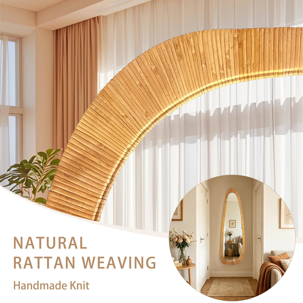 Boho Long Rattan Mirror, 53" Full Length Irregular Mirror for Wall