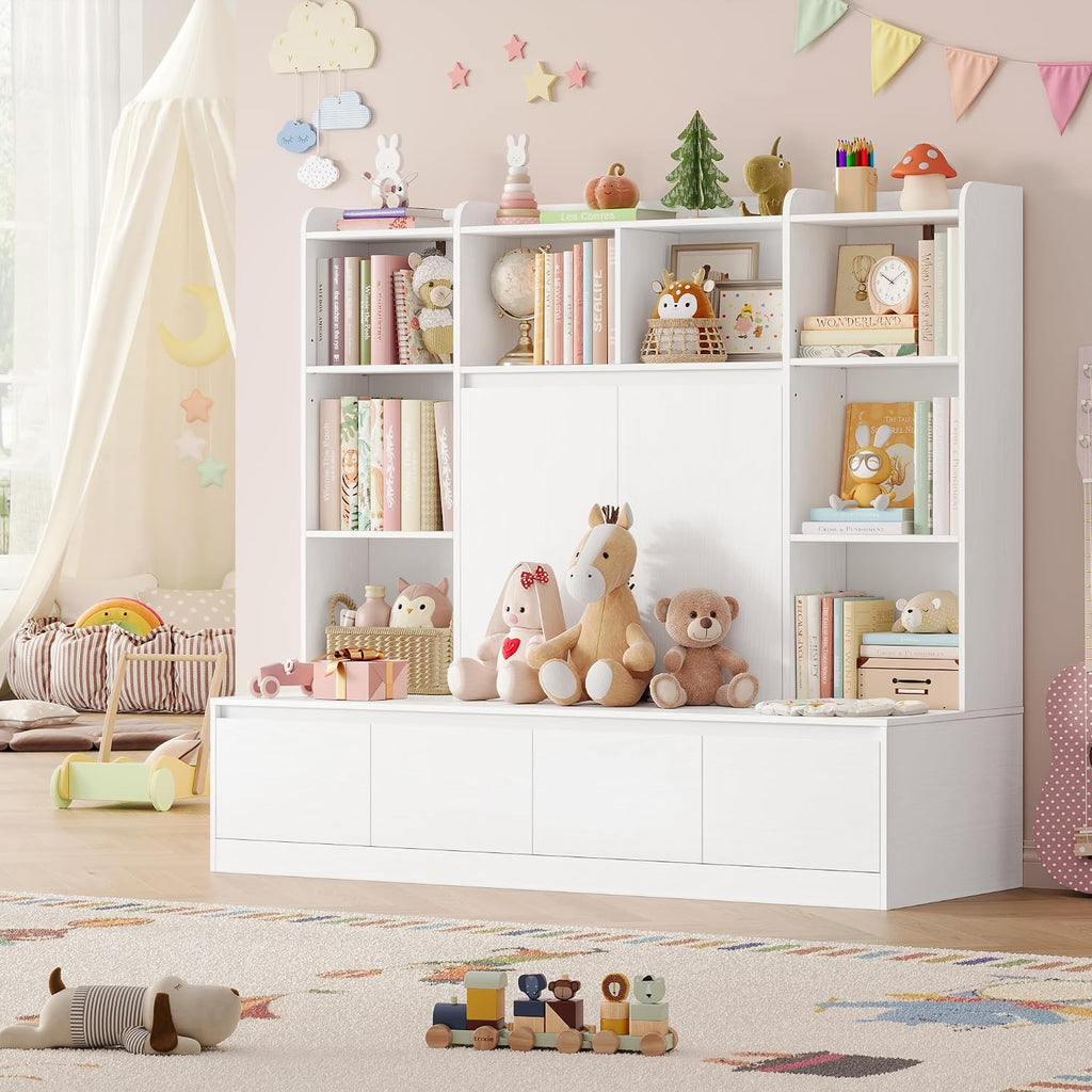 54" W Kids Bookshelf and Toy Storage Organizer Cabinet w/Reading Nook Bench | Kids Bookcase with 10 Storage Cubes & 4