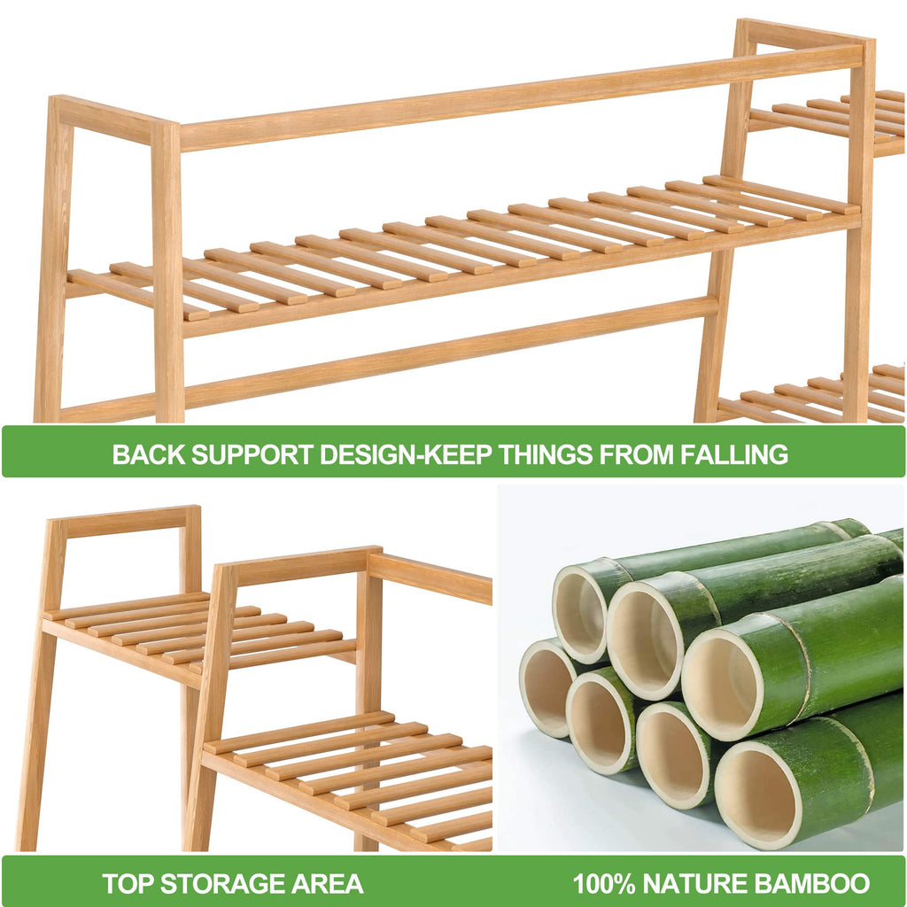 Bamboo Clothing Garment Rack, Free Standing Clothes Coat Hanger, Closet Organizer w/Shoe Rack, Multi-tiered Wardrobe