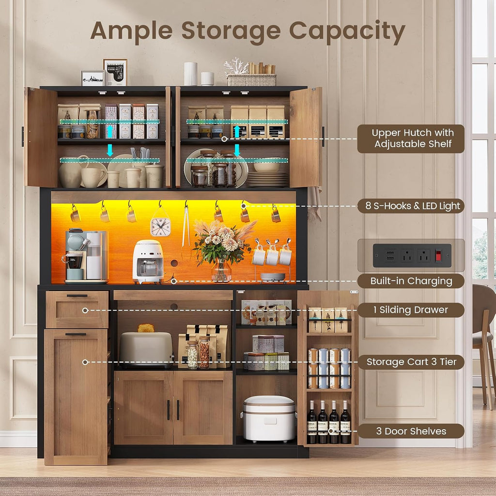 71" Pantry Cabinet with Charging Station and LED Light, Kitchen Pantry Cabinet with Microwave Stand, 47.2" Wide