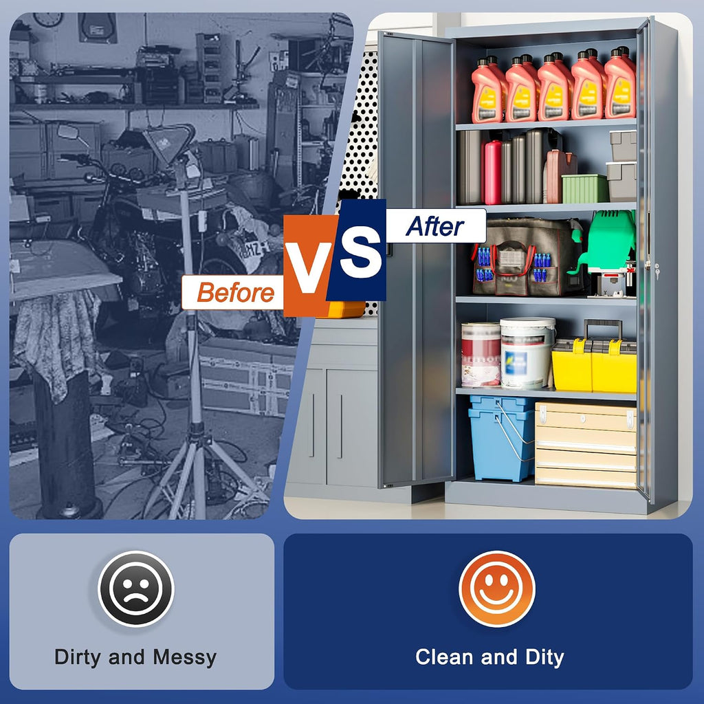 Metal Storage Cabinet with 2 Doors and 4 Adjustable Shelves Garage Storage Cabinet with Lock 71" Office Storage