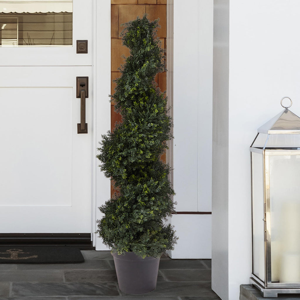 Set of 2 Artificial Trees - 4FT Spiral Cypress Topiaries with Pots - UV-Protected Indoor or Outdoor Fake Plants or