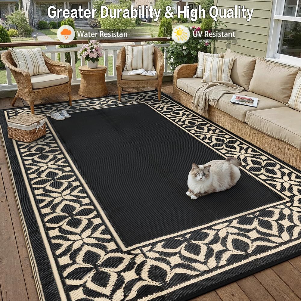 Outdoor Rug Black Beige Geometric
