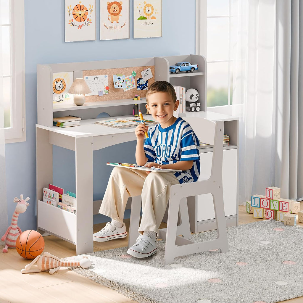 Kids Desk and Chair Set, Wooden Desk for Kids with Tiltable Desktop & Hutch, Kid Desk with Storage Cabinet, Study