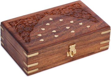 Wooden Jewellery Box Brass Inlay Hand Carved Keepsake Chest 8x5