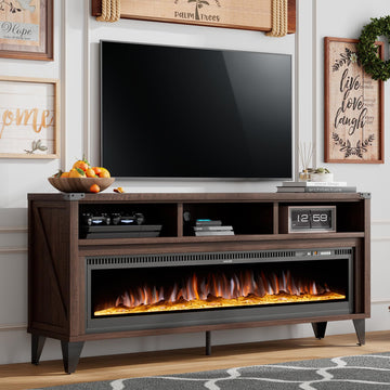 65" Fireplace TV Stand with 60" Glass Electric Fireplace, Industrial & Farmhouse Media Entertainment Center with Open