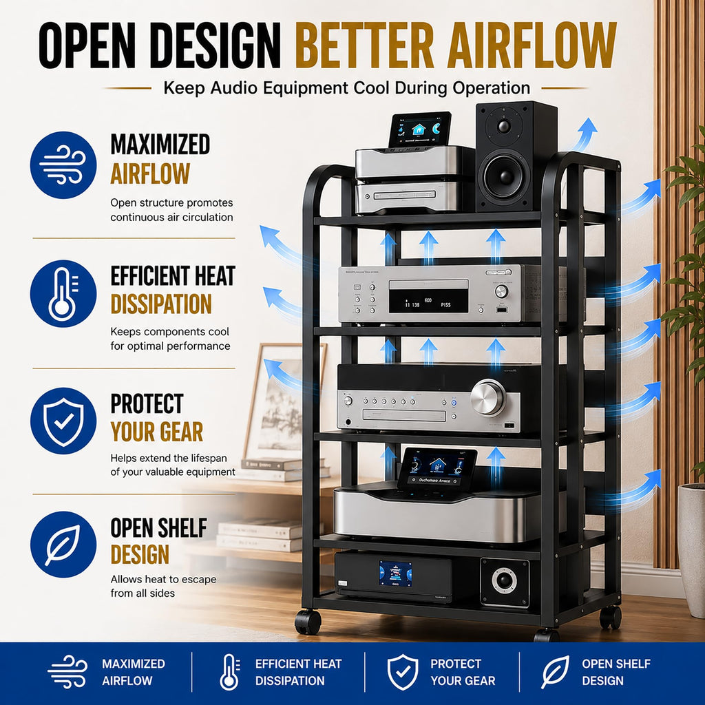 5 Tier Av Media Stand with Wheels, 39in Adjustable Audio Rack