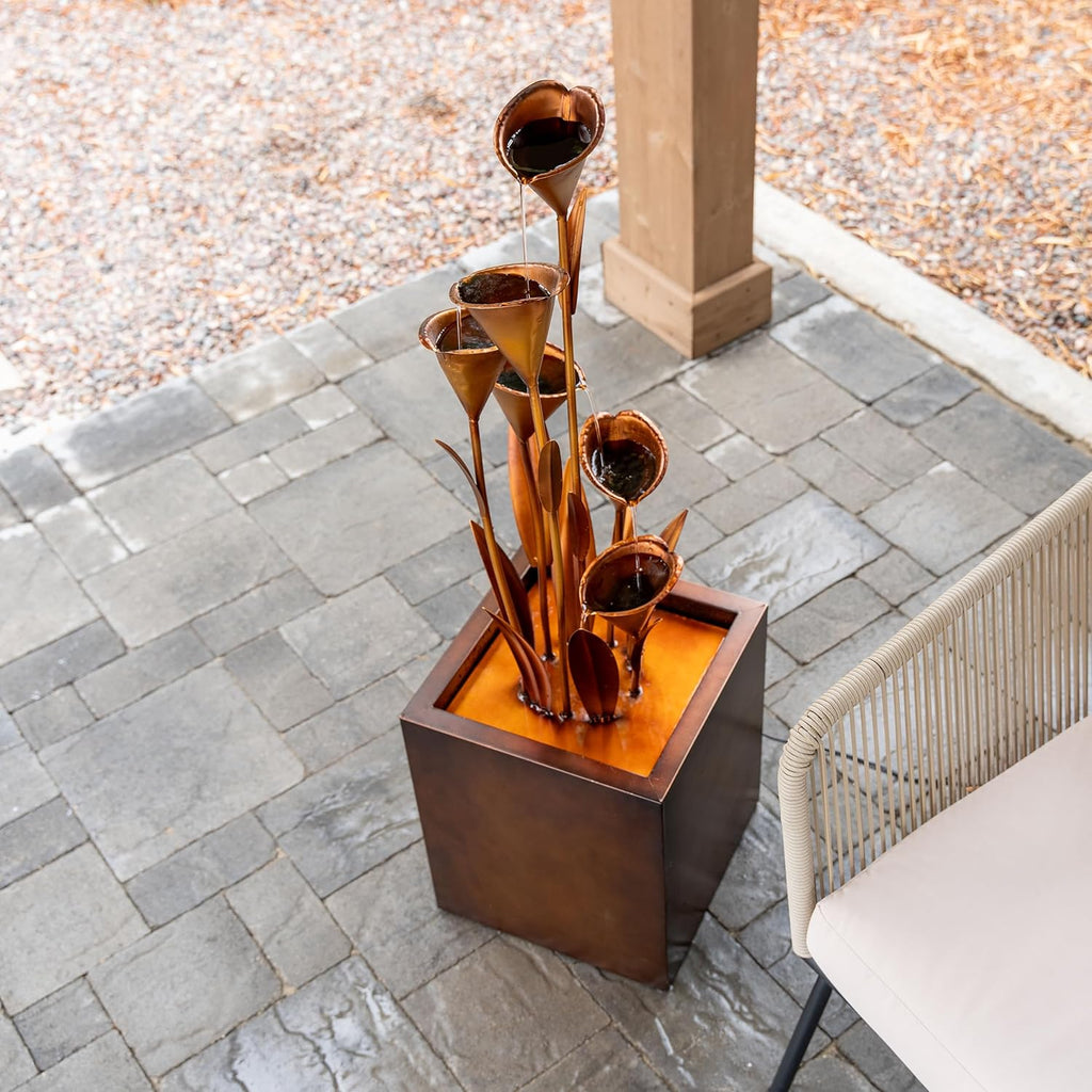 46-Inch Sculptural Metal Multi-Tier Flower Water Fountain, Bronze