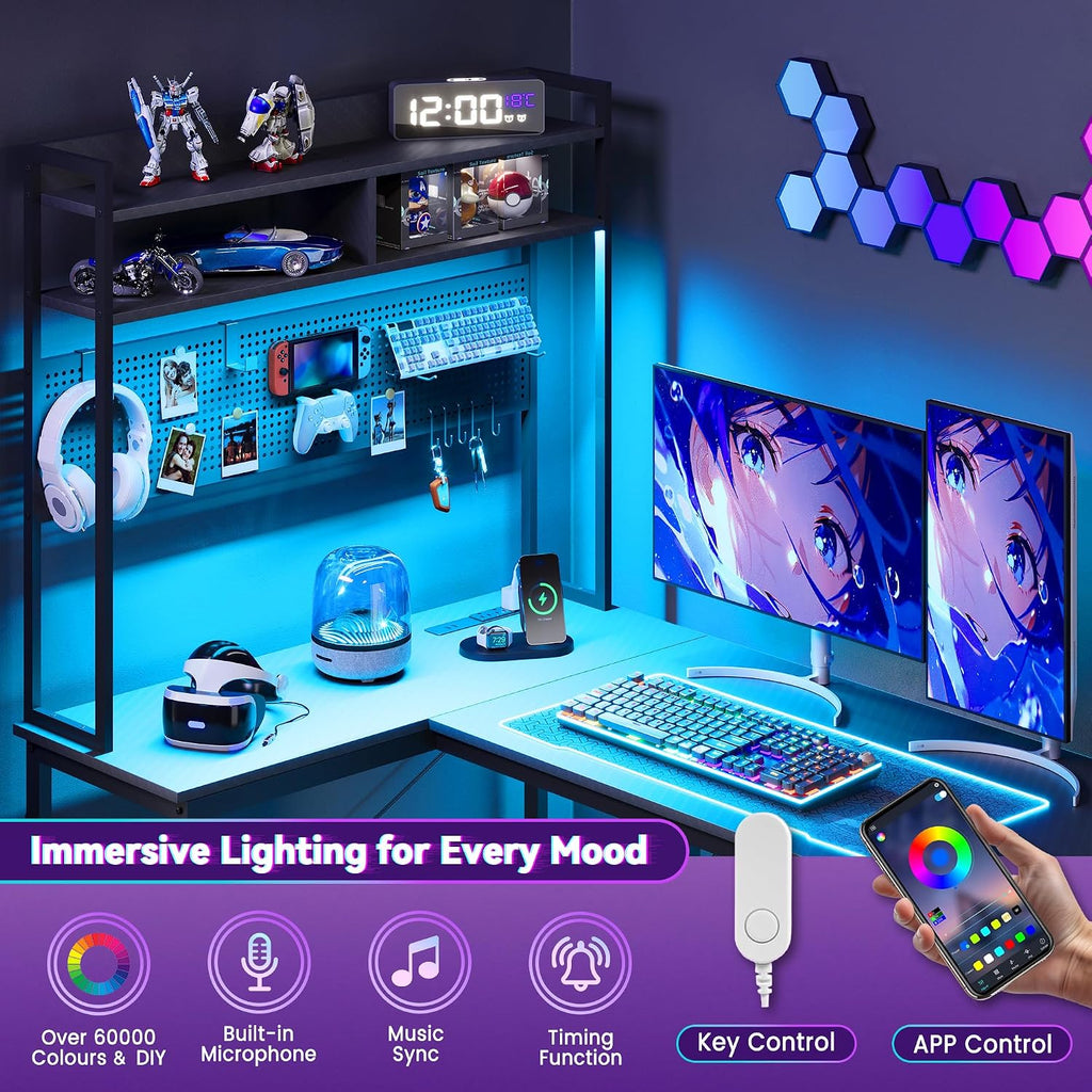 L Shaped Gaming Desk 53" with Hutch, LED Light and Drawer | Carbon Fiber Surface, Storage Shelves, Pegboard with