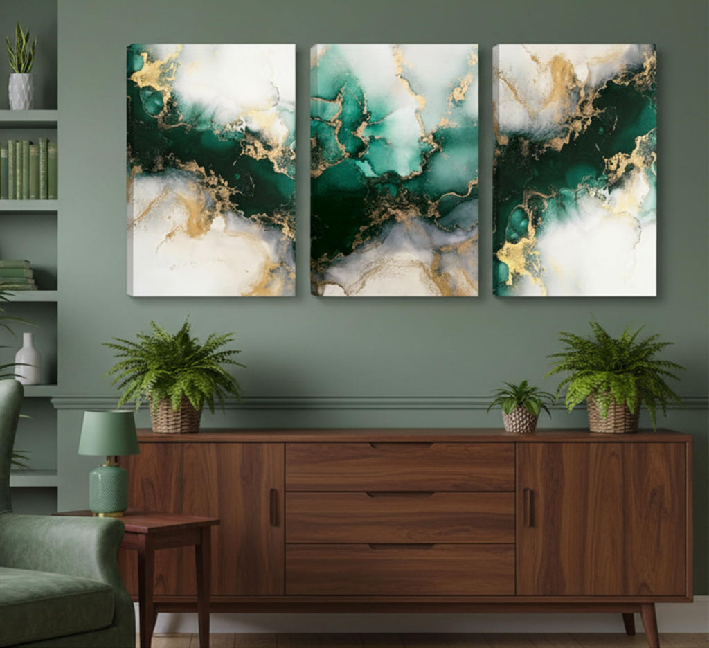 3 Piecs Emerald Green and Gold Canvas Wall Art 12x16in