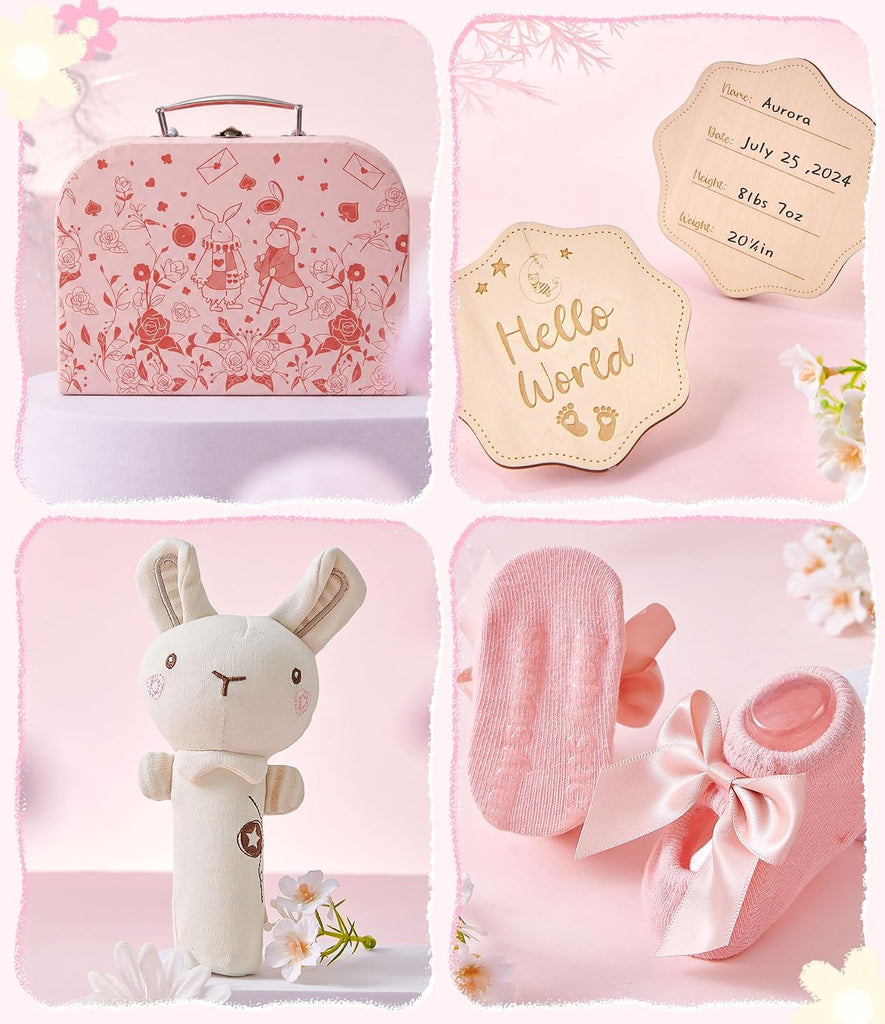 Baby Shower Gifts for Girls, Baby Girl Gifts Baskets with Rattle, Blanket/Bodysuit Set, New Born Essential Stuff