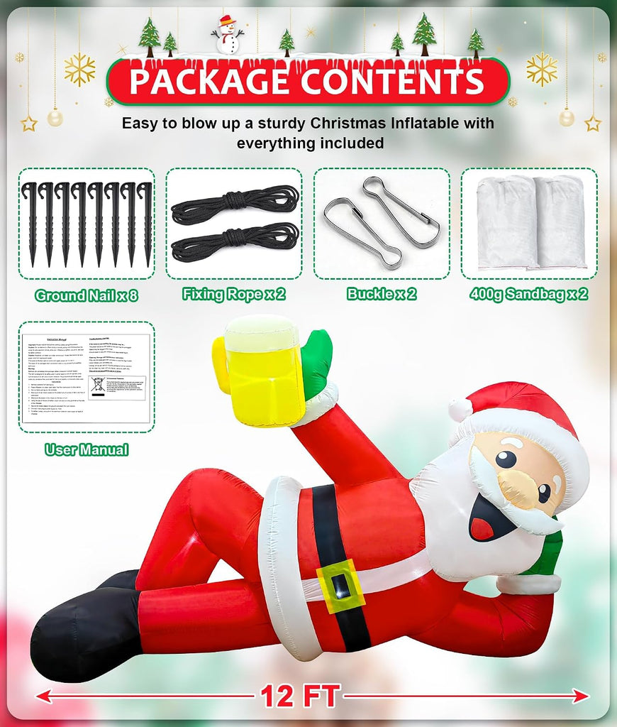 12FT Christmas Inflatable Outdoor Decoration, Christmas Blow Ups Yard Decorations Giant Inflatable Santa Claus Lying