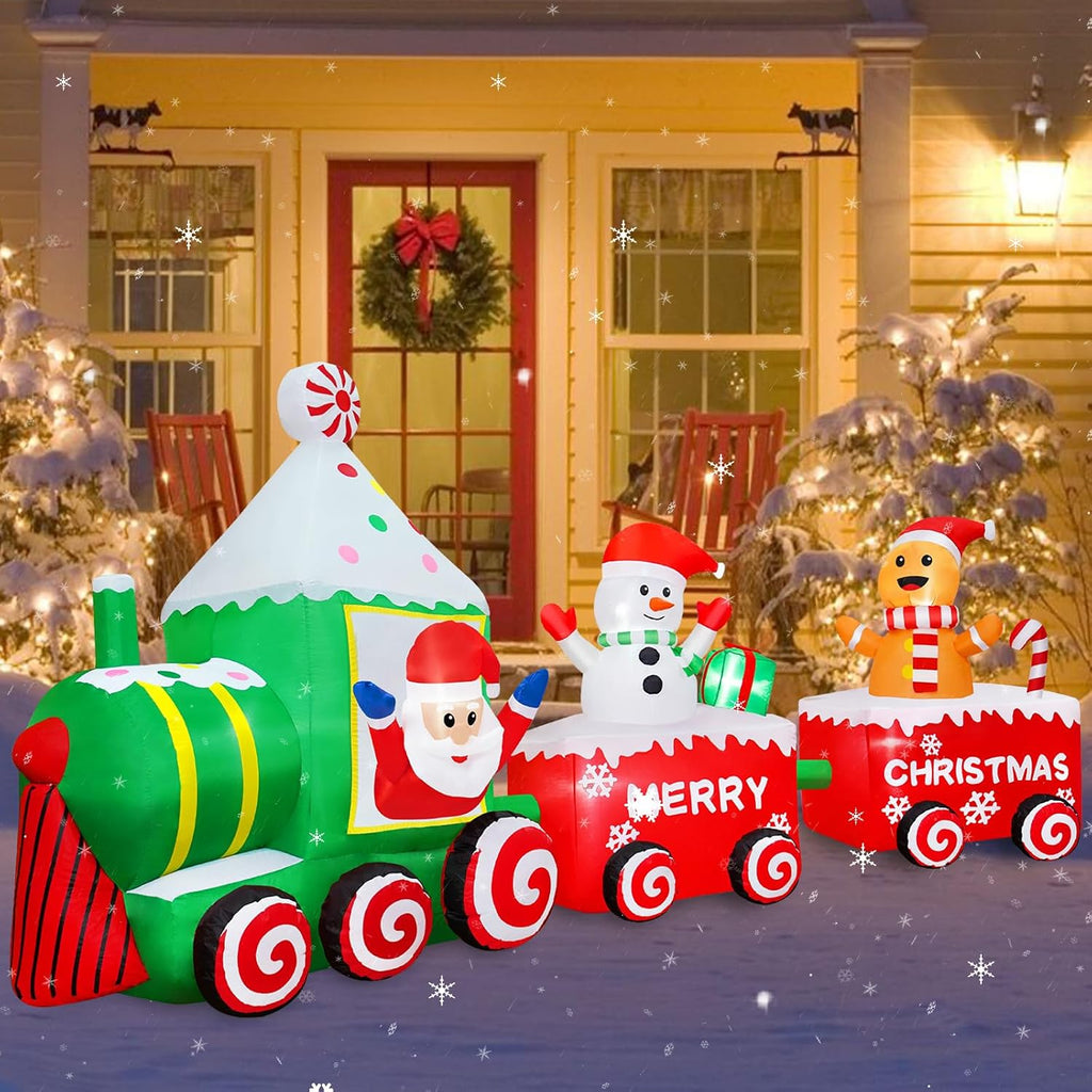 12FT Christmas Inflatable Santa Claus on Train Outdoor Decorations, Lighted Inflatable Christmas Train with Snowman