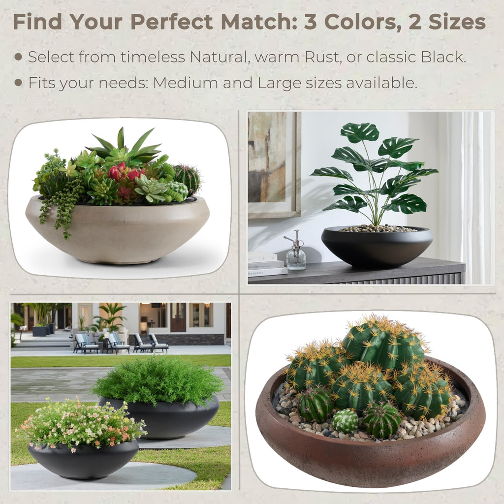19" Dia x 6.3" H Weathered Concrete Bowl Planter, Large Succulent Pot