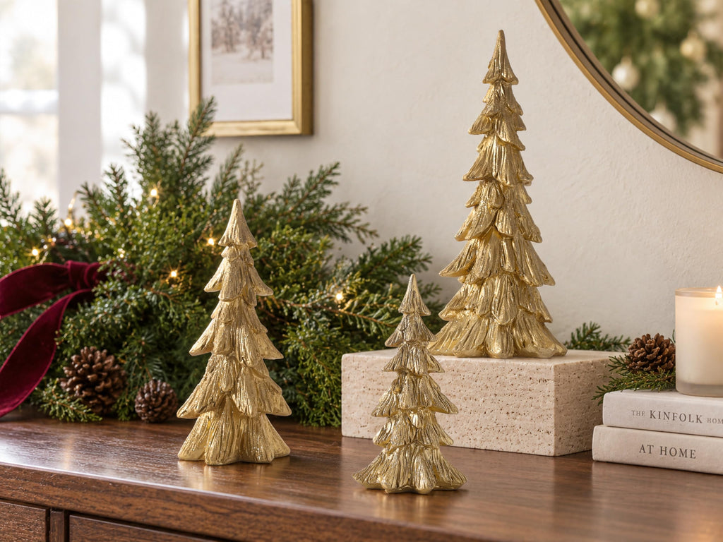 3PCS Gold Christmas Tree Figurines, Resin Tabletop Decor