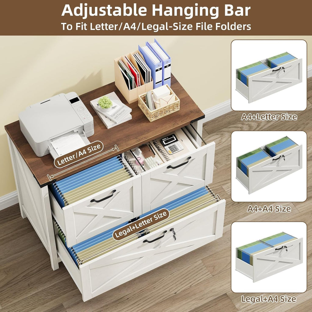Lateral File Cabinet, Farmhouse Filing Cabinet, Rustic White | 3 Drawer File Cabinet with Lock for Letter/A4/Legal