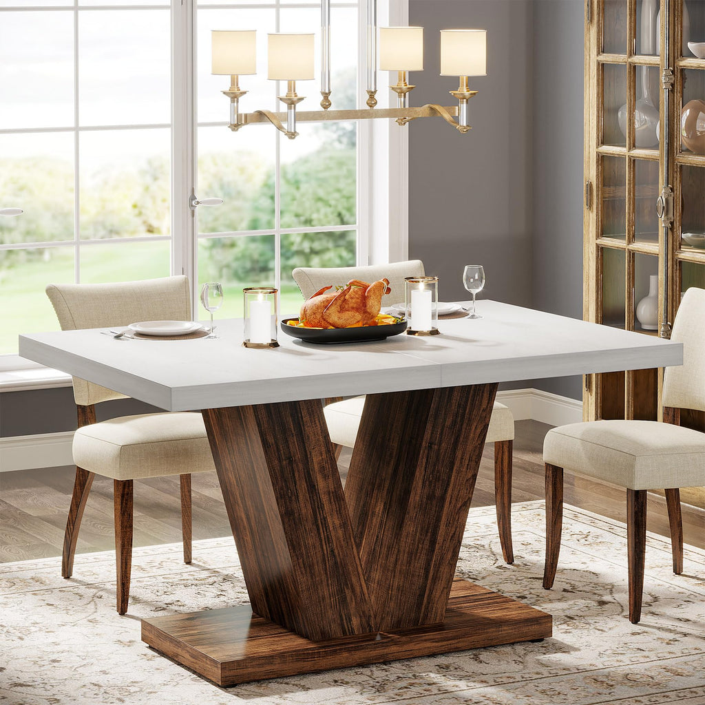 47-Inch Dining Table for 4, White Kitchen Dinner Table with Heavy Duty Pedestal, Farmhouse Wooden Eating Table