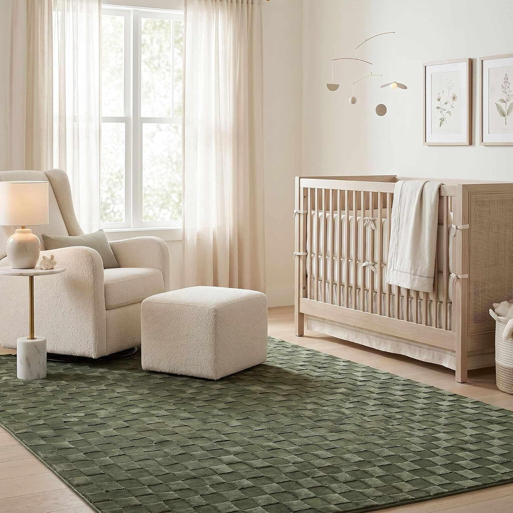 Renoir Living Room, Bedroom Machine Washable Area Rug - Checkered Geometric Square Tile - Olive Green, Sage Green