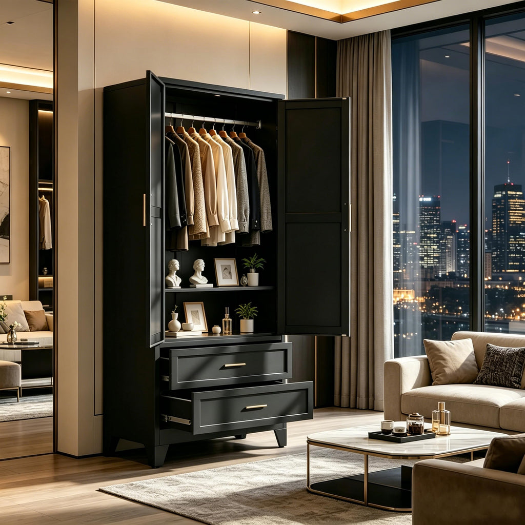 71" H Black Armoire Wardrobe Closet with Drawers, Metal Wardrobe Closet with Doors and Shelves, Tall Wardrobe Closet