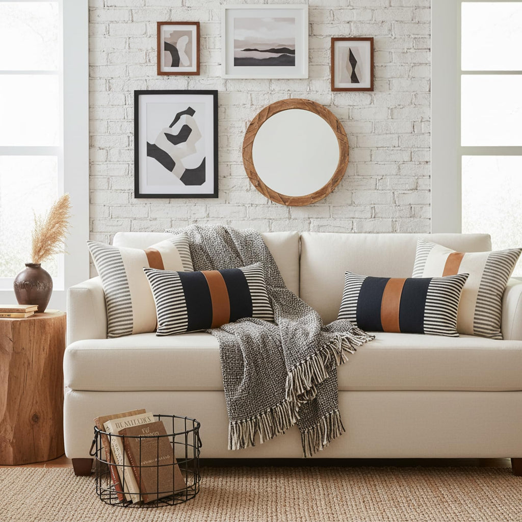 Brown and Black Decorative Pillow Cover Set of 2, Farmhouse Stripe Lumbar Pillow Cover 12x20 Modern Faux Leather