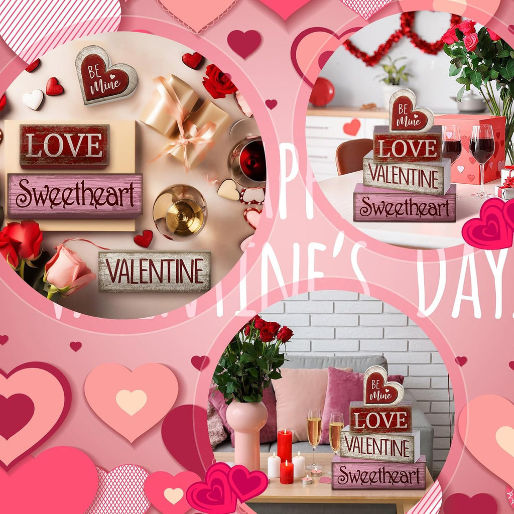 Wooden Valentine Block Signs Tiered Tray Decor - Set of 4