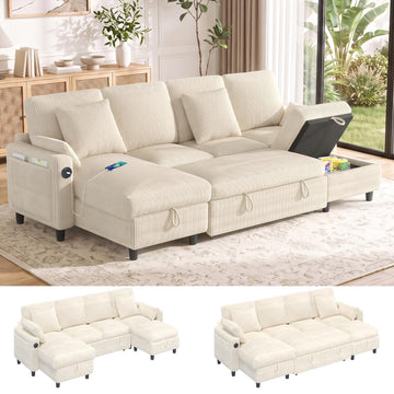 5-Seat Sleeper Sofa Bed with Reversible Chaise Lounge Sectional, Corduroy U-Shaped Convertible Couch Set with USB