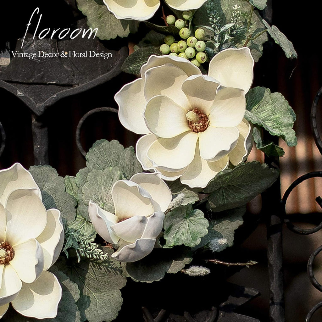 Floral Wreath, 18" Artificial White Magnolia Wreath for Front Door Wedding Decorations Wall Decor