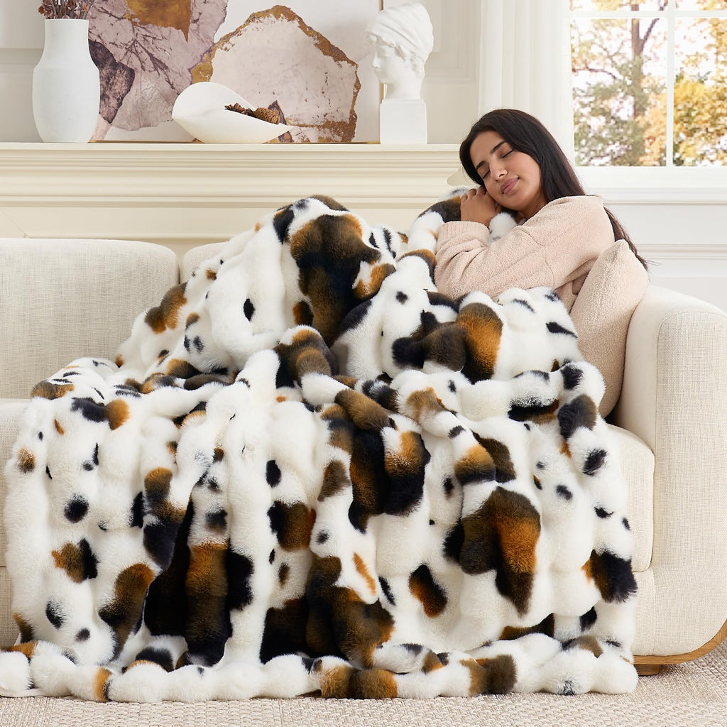 Bliss Bubble Faux Fur Throw Blanket for Couch, Cow Print, 50"x60"