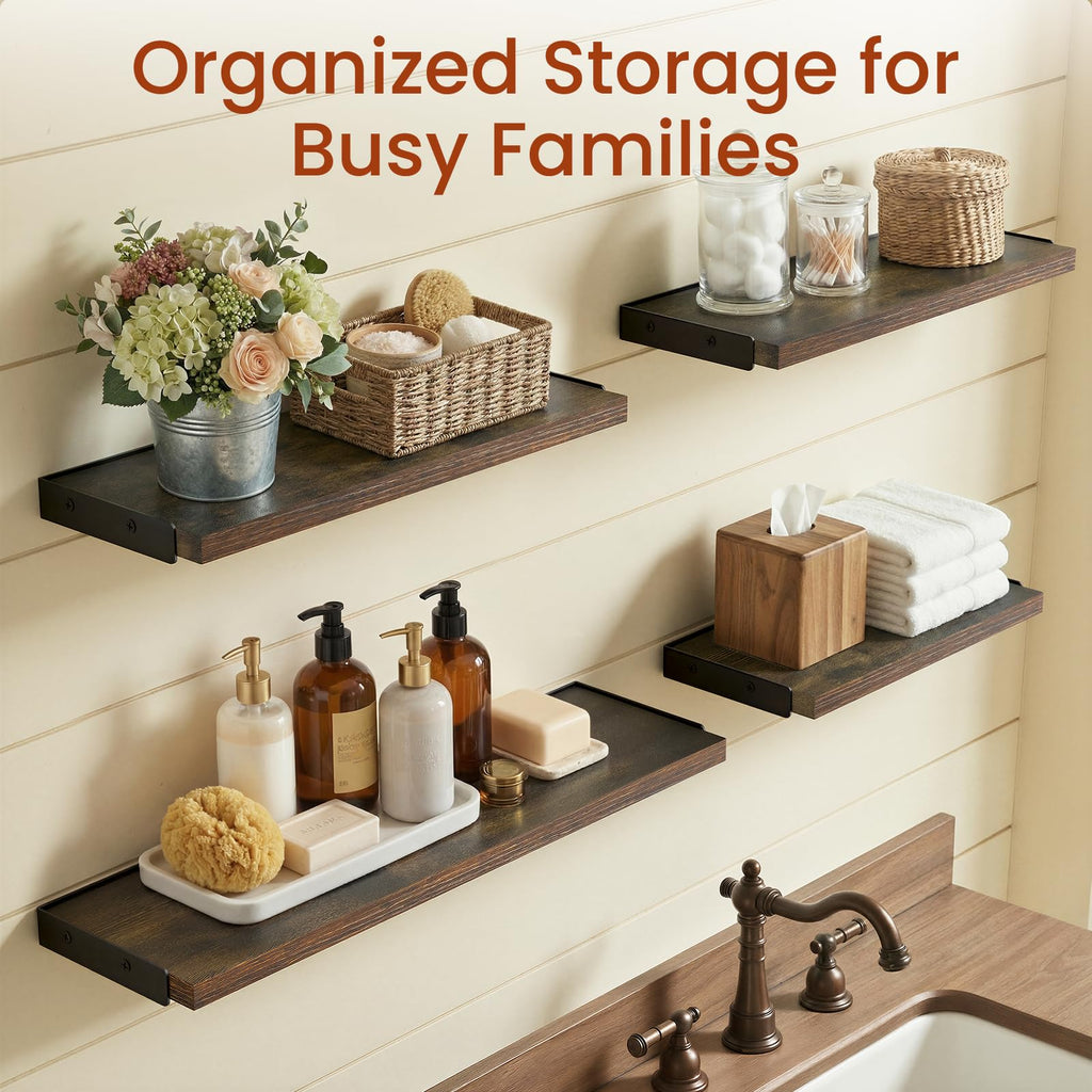 Wall Mounted Floating Shelves (Rustic Brown, Set of 4, 16" Mixed)