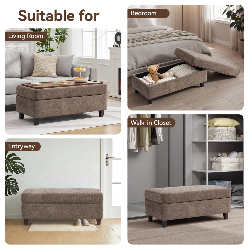 45 Inch Large Storage Ottoman Bench with Wooden Tray Coffee Table, Brown Chenille Upholstered Foot Rest