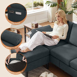 Convertible Sectional Sofa, Modern L Shaped 3-seat Sofa, 79" Linen Fabric Small Sectional Couch with Movable Ottoman