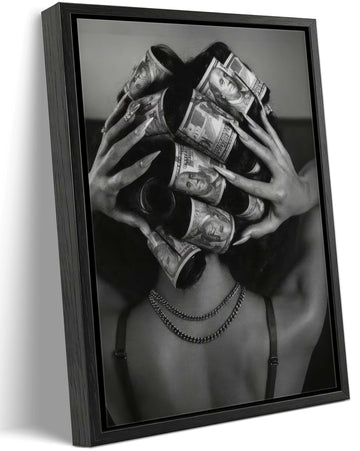 Framed Black and White Fashion Canvas Wall Art Luxury Feminist Picture Wall Decor Trendy Woman with Money on Head