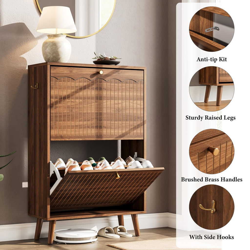 Shoe Storage Cabinet, 9.5inch Slim Shoe Rack with 2 Flip Drawers, Mid-Century Modern Walnut Shoe Cabinet Storage