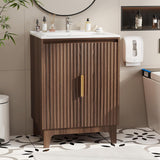 24-Inch Mid-Century Modern Bathroom Vanity with Sink – Fluted Soft-Close Doors, U-Shape Storage Shelf, Freestanding Cabinet, Walnut