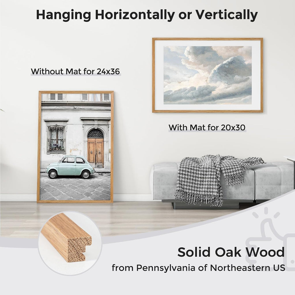 24x36 Picture Frame, Solid Oak Wood Poster Frame, Oak | Mat for 20x30, Tempered Glass, Wood 24''x36'' Minimalist