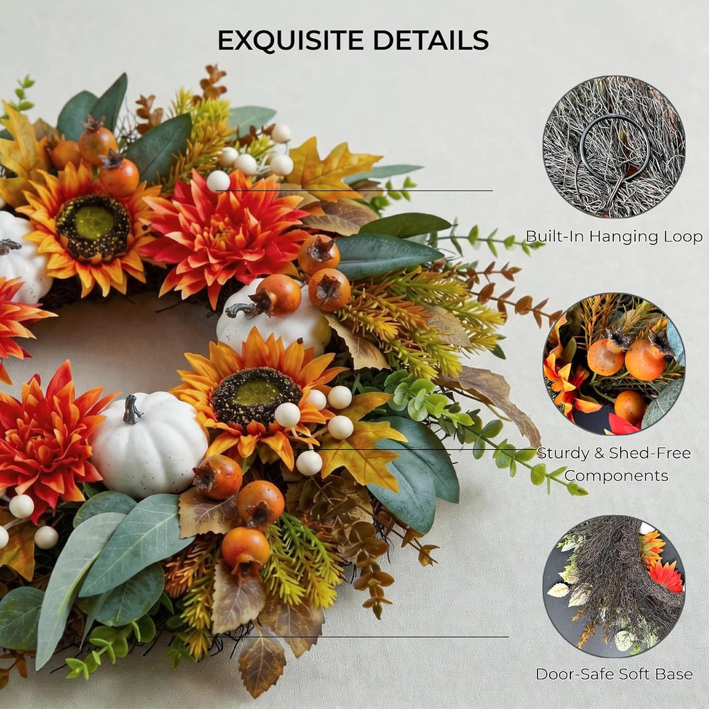 24 Inch Fall Eucalyptus Wreath for Front Door with Dahlia & Sunflower