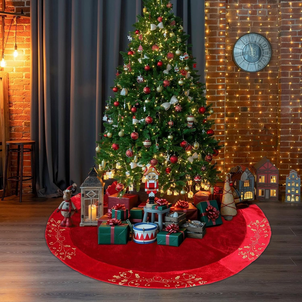 48inch Christmas Tree Skirt Red Luxury Velvet Plush Fur Tree Skirts Xmas Velvet Tree Skirt with Embroidered Holly
