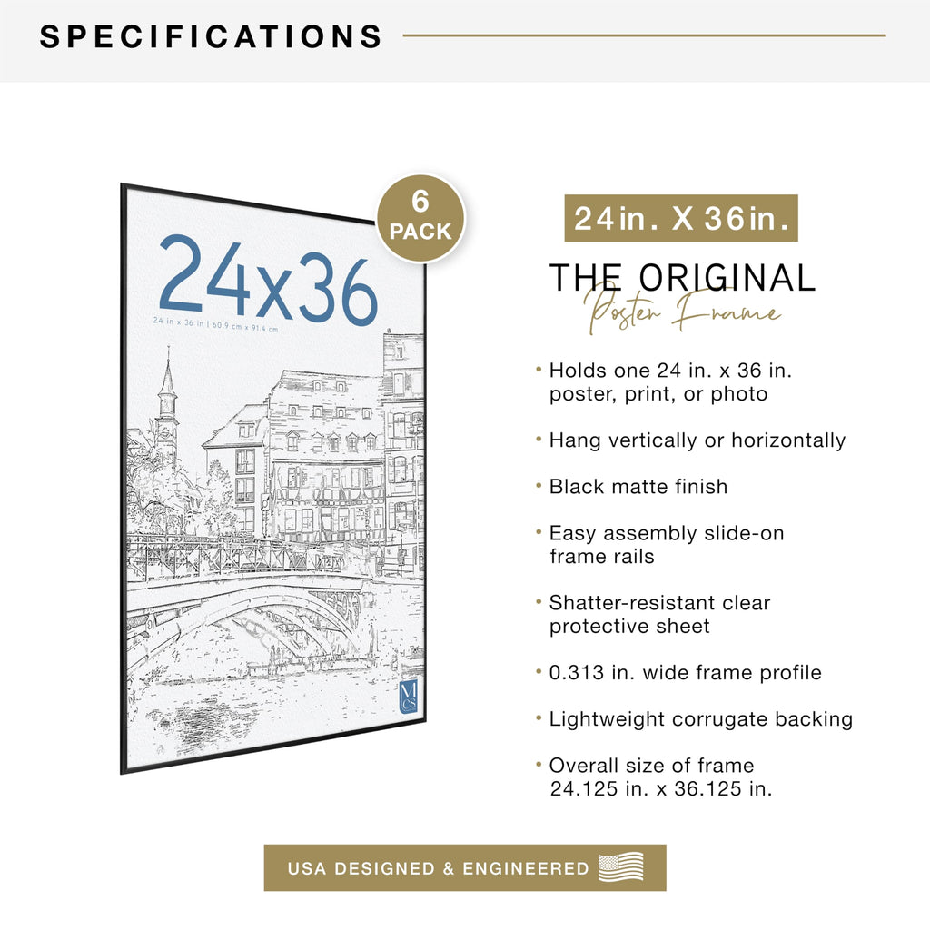 Original Poster Frame, 24x36, Black, Gallery Wall, 6-Pack