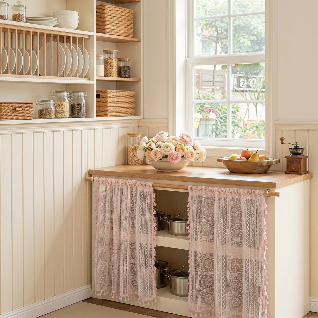 Pink Lace Tier Curtains 36 Inch Length 2 Panels Kitchen Cafe Sheer Short Boho Half Country Rod Pocket Curtains for
