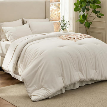 Comforter Set Beige - Bed in a Bag Bedding 7 Pieces, Cationic Dyed Bed Set Gift for Family