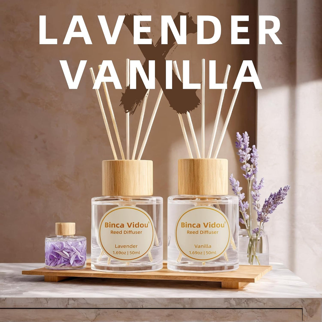 Reed Diffuser Set, Lavender & Vanilla Natural Scent Oil Diffusers with Sticks Bathroom Aromatherapy Decor 1.69oz x 2 - Set of 2