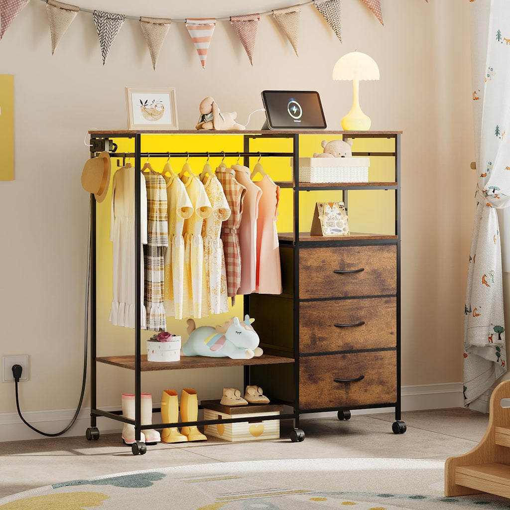 LED, 3 Drawers with Hanging Rack, Rustic Brown