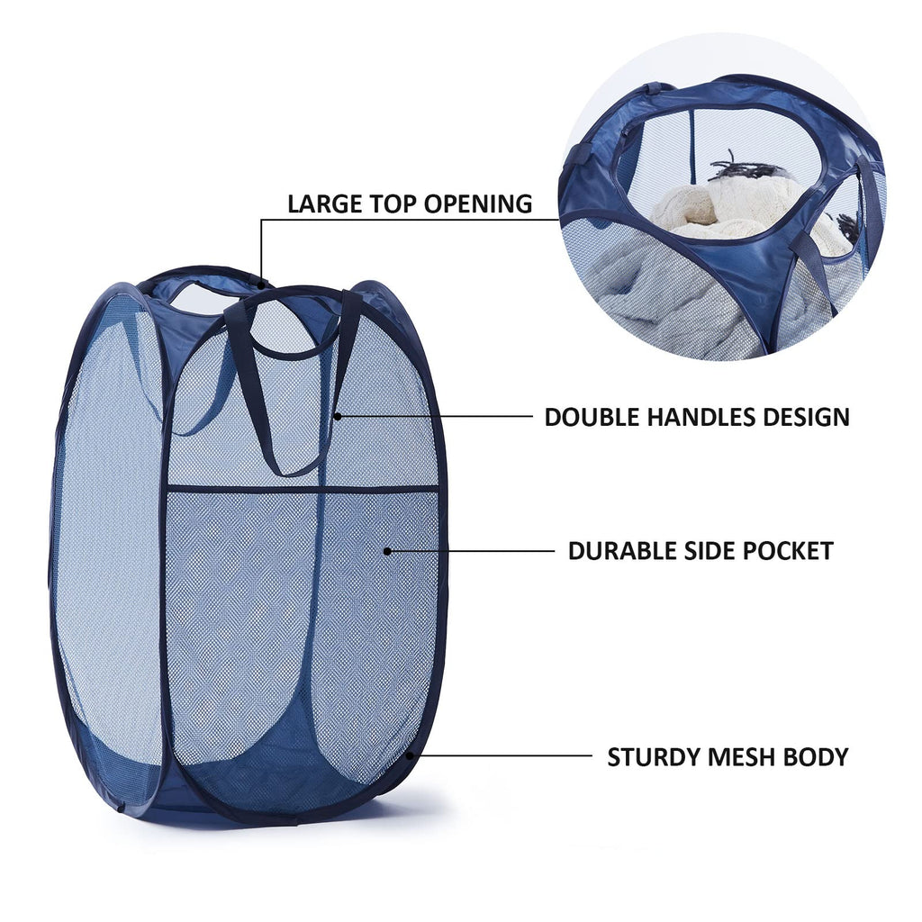 Collapsible Mesh Pop Up Laundry Hamper with Sturdy Handles and Side Pocket - Portable Foldable Clothes Baskets &