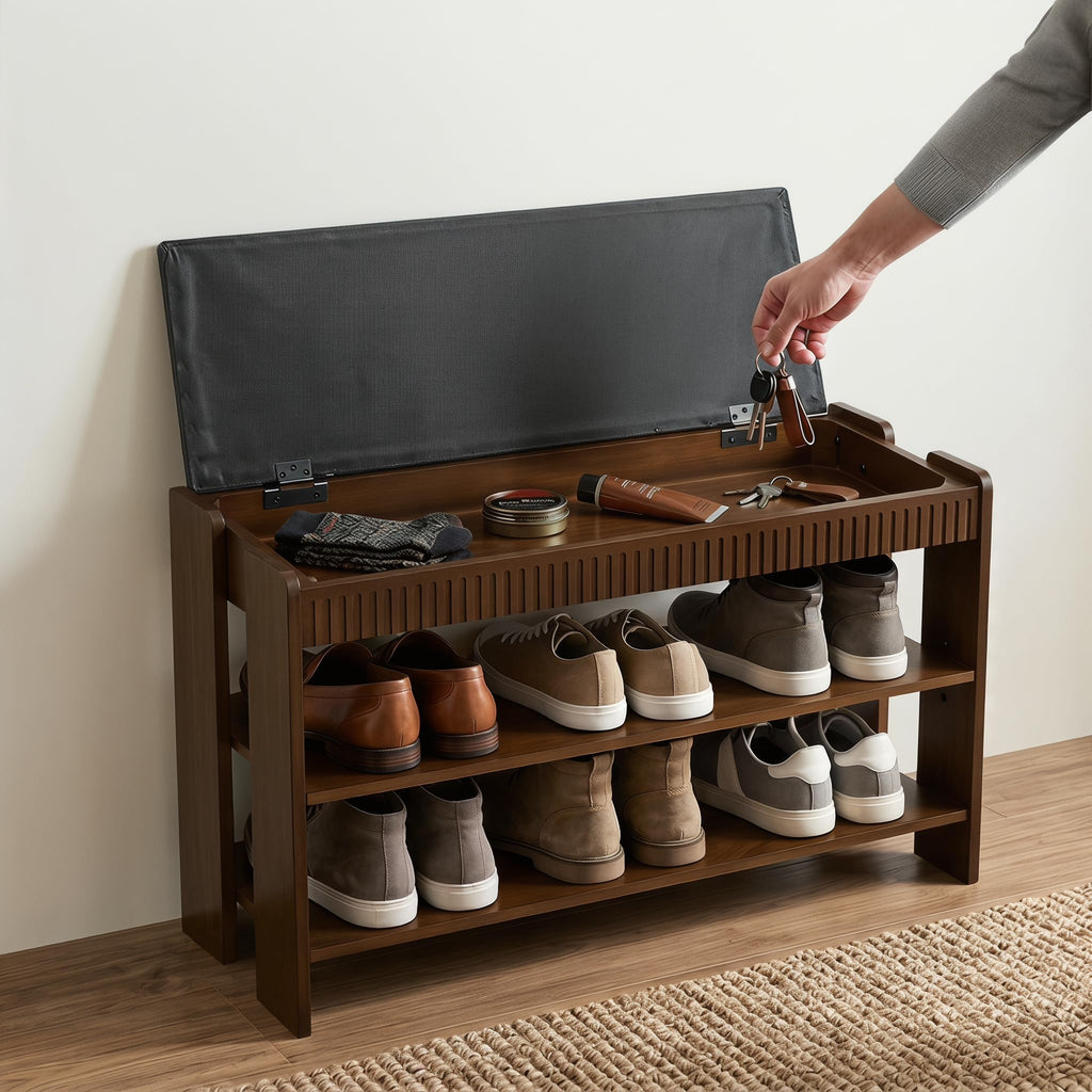 Shoe Bench with Cushion, Solid Wood 2 Tier Adjustable Storage Shoe Bench Rack, Closet, Living Room, Hallway