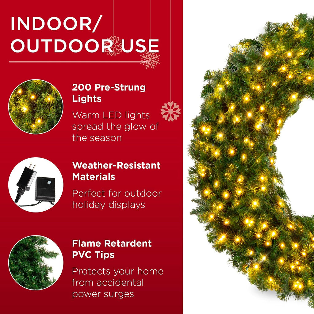 48in Large Artificial Pre-Lit Fir Christmas Wreath Holiday Accent Decoration w/ 200 LED Lights, 714 PVC Tips