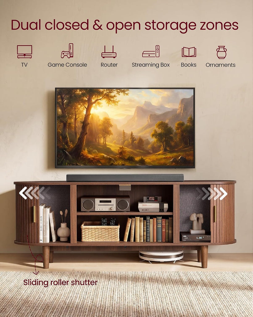 TV Stand for 65-Inch TVs, Mid Century Entertainment Center with Storage, Fluted Sliding Doors, Media Console Table