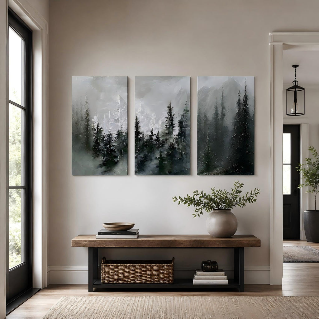 Nature Landscape Framed 3‐Panel Canvas Wall Art, Textured Impasto Foggy Conifer Forest With Misty Mountain Backdrop
