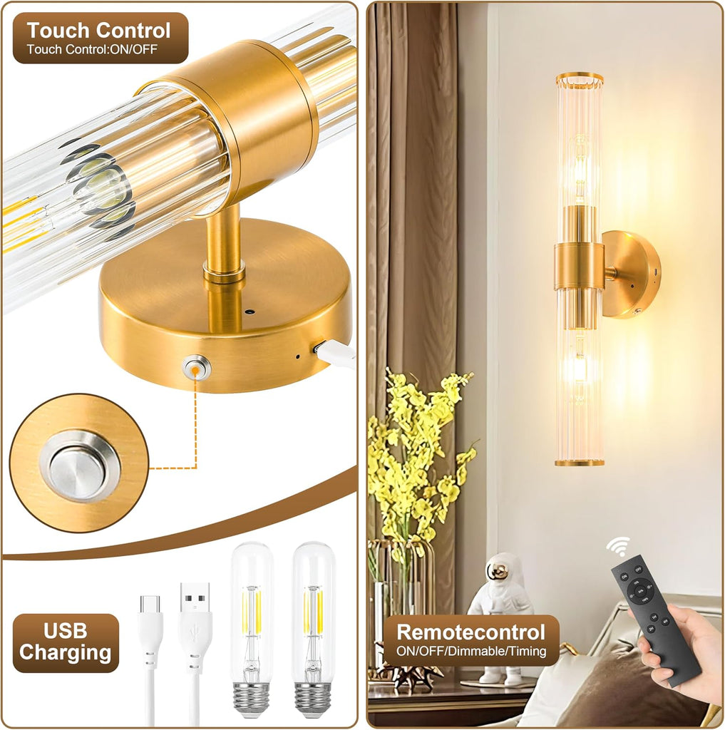 Gold Battery Operated Wall Sconces Set of Two, Rechargeable Wall Sconce with Dimmable Remote Control, 20 Inch