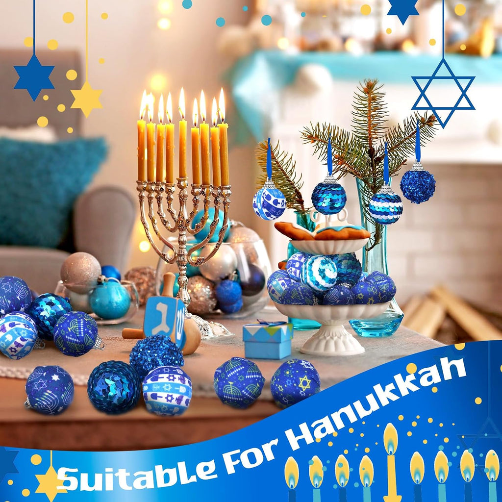 Hanukkah Ball Ornaments Blue White for Tree Party Decor - Set of 24